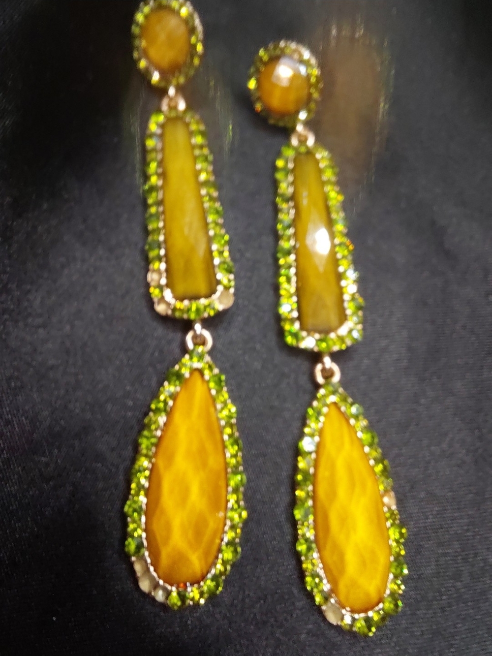 Elegant Gold-Tone Yellow Teardrop Dangle Earrings with Green Accents